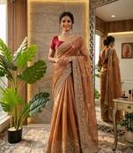Orange silk blend embroidered saree with thread work