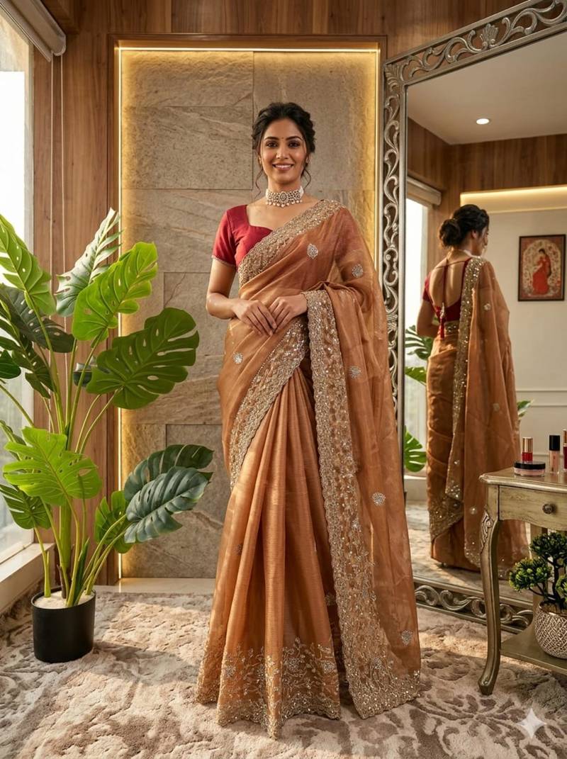 Orange silk blend embroidered saree with thread work