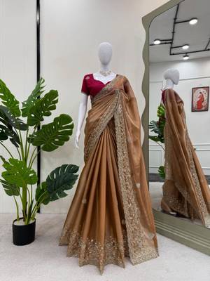 Orange silk blend embroidered saree with thread work 2