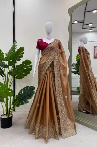 Orange silk blend embroidered saree with thread work