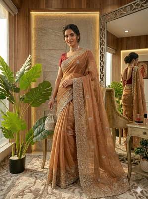 Orange silk blend embroidered saree with thread work 3
