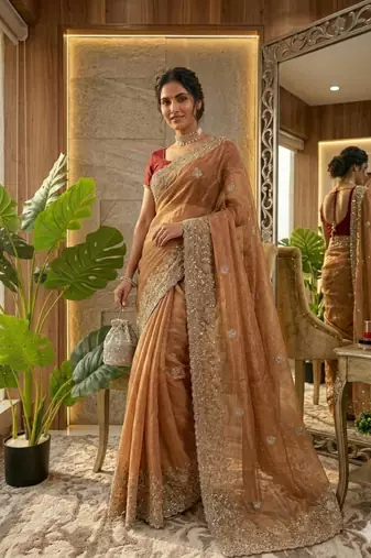 Orange silk blend embroidered saree with thread work
