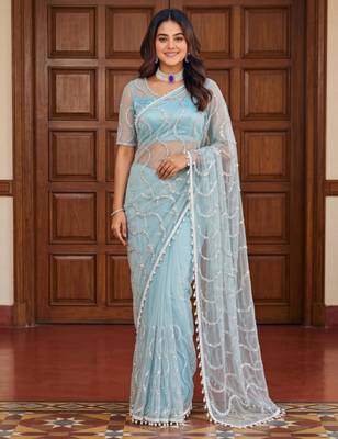 Sky blue net embroidered saree with sequins work 1