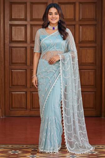 Sky blue net embroidered saree with sequins work