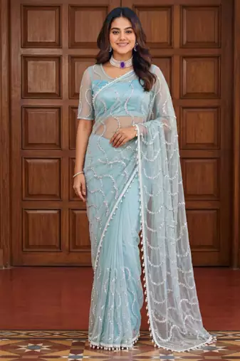 Sky blue net embroidered saree with sequins work