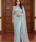 Sky blue net embroidered saree with sequins work