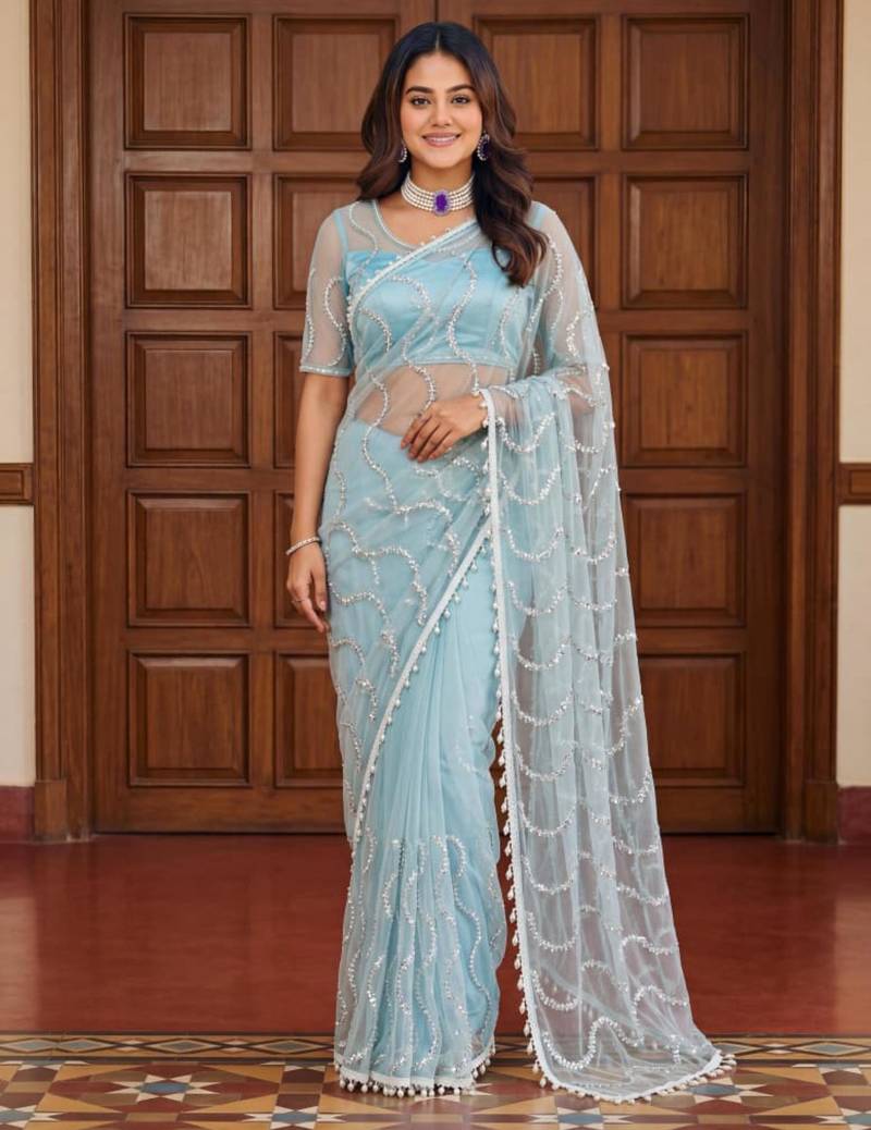 Sky blue net embroidered saree with sequins work