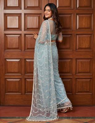 Sky blue net embroidered saree with sequins work 2