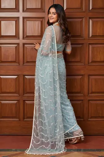 Sky blue net embroidered saree with sequins work