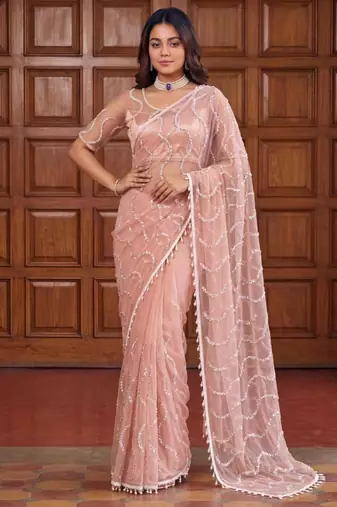Beige net embroidered saree with sequins work