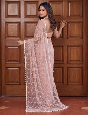 Beige net embroidered saree with sequins work 2