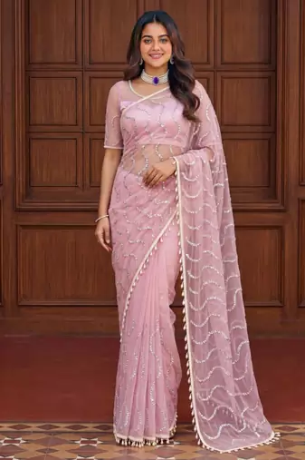 Baby pink net embroidered saree with sequins work