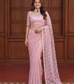 Baby pink net embroidered saree with sequins work