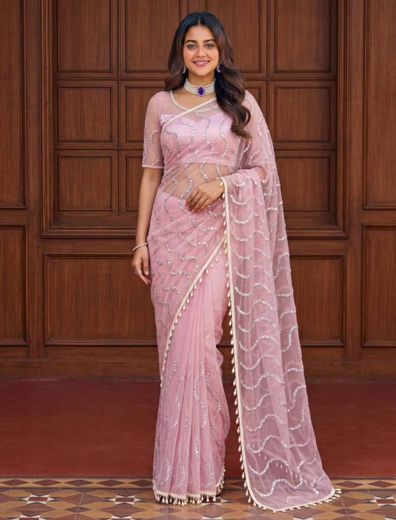 Baby pink net embroidered saree with sequins work