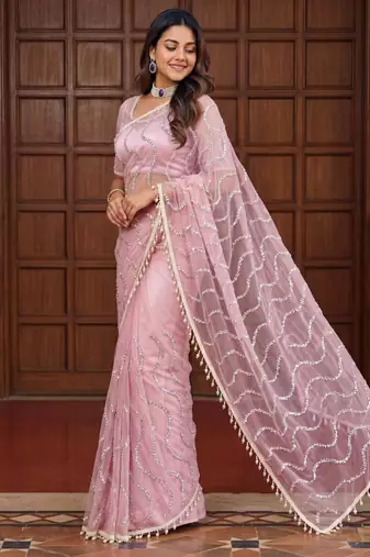 Baby pink net embroidered saree with sequins work