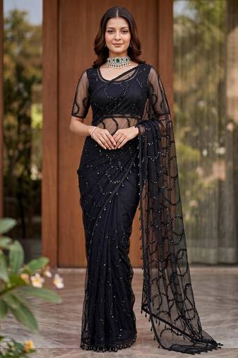 Black net embroidered saree with sequins work