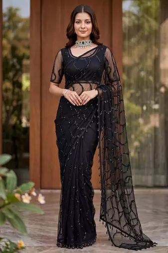 Black net embroidered saree with sequins work