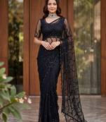 Black net embroidered saree with sequins work
