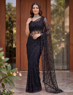 Black net embroidered saree with sequins work 2
