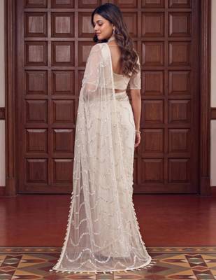 Cream net embroidered saree with sequins work 3