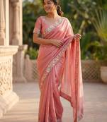 Pink chiffon embroidered saree with thread work