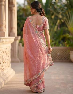 Pink chiffon embroidered saree with thread work 4