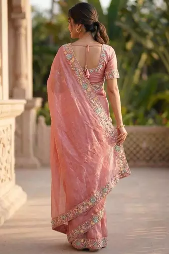 Pink chiffon embroidered saree with thread work