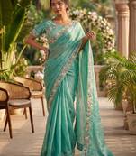 Sea green chiffon embroidered saree with thread work