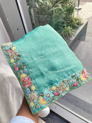 Sea green chiffon embroidered saree with thread work 2