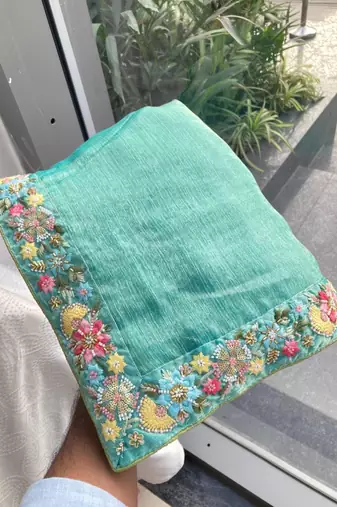 Sea green chiffon embroidered saree with thread work