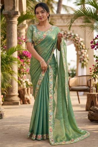 Green chiffon embroidered saree with thread work