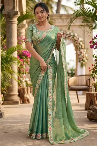Green chiffon embroidered saree with thread work