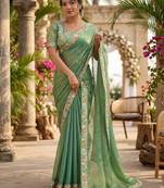 Green chiffon embroidered saree with thread work