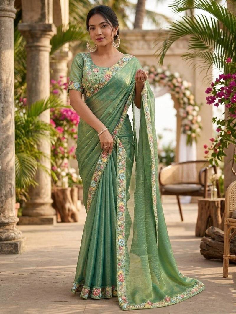 Green chiffon embroidered saree with thread work