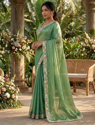 Green chiffon embroidered saree with thread work 2