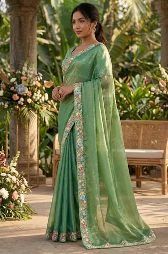 Green chiffon embroidered saree with thread work