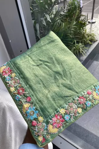 Green chiffon embroidered saree with thread work