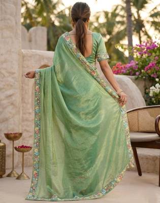 Green chiffon embroidered saree with thread work 4