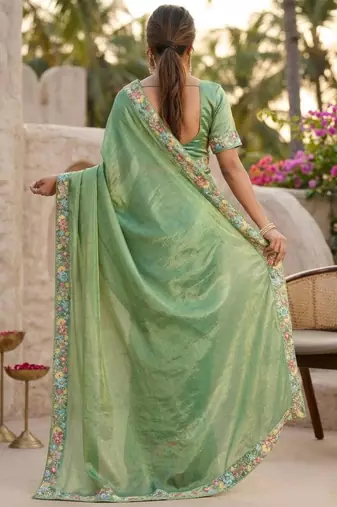 Green chiffon embroidered saree with thread work