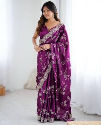 Purple satin embroidered saree with thread work 1