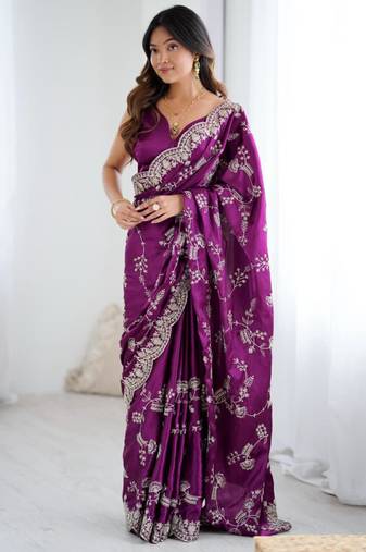 Purple satin embroidered saree with thread work