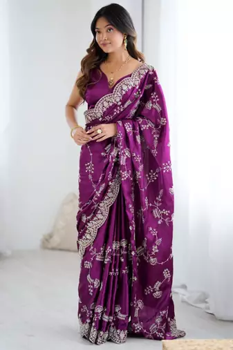 Purple satin embroidered saree with thread work