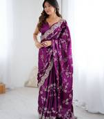 Purple satin embroidered saree with thread work