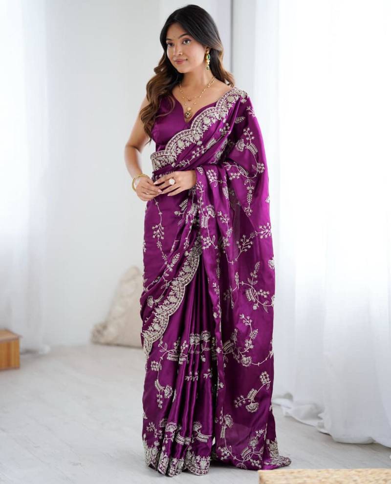 Purple satin embroidered saree with thread work