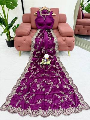 Purple satin embroidered saree with thread work 2