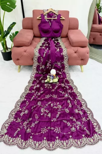 Purple satin embroidered saree with thread work