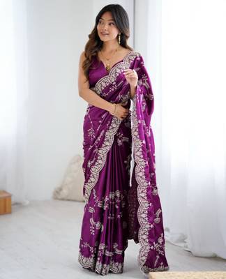 Purple satin embroidered saree with thread work 3