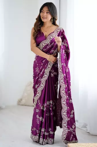 Purple satin embroidered saree with thread work