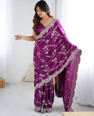 Purple satin embroidered saree with thread work 4