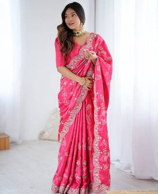 Pink satin embroidered saree with thread work 1